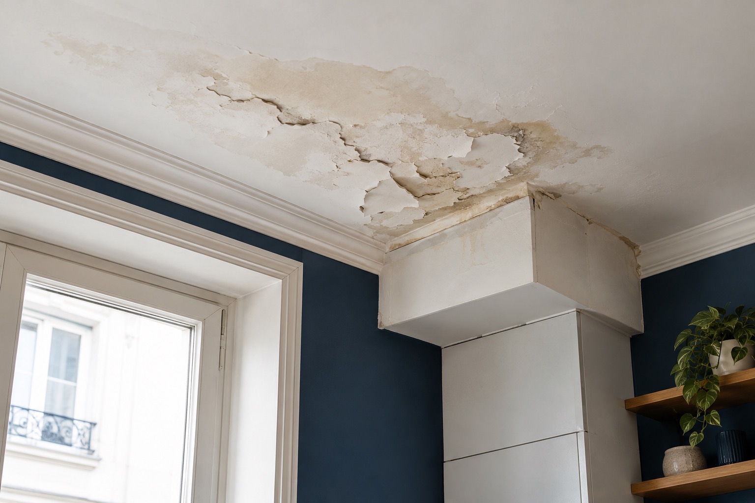 Illustration : Traces d’humidité au plafond et sur un mur