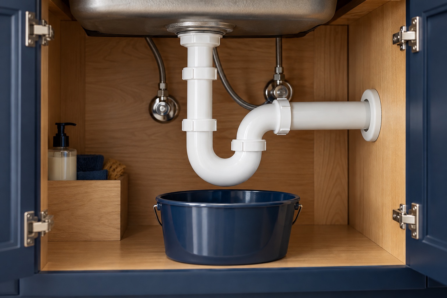 Illustration : Siphon et tuyau d’évacuation sous un évier