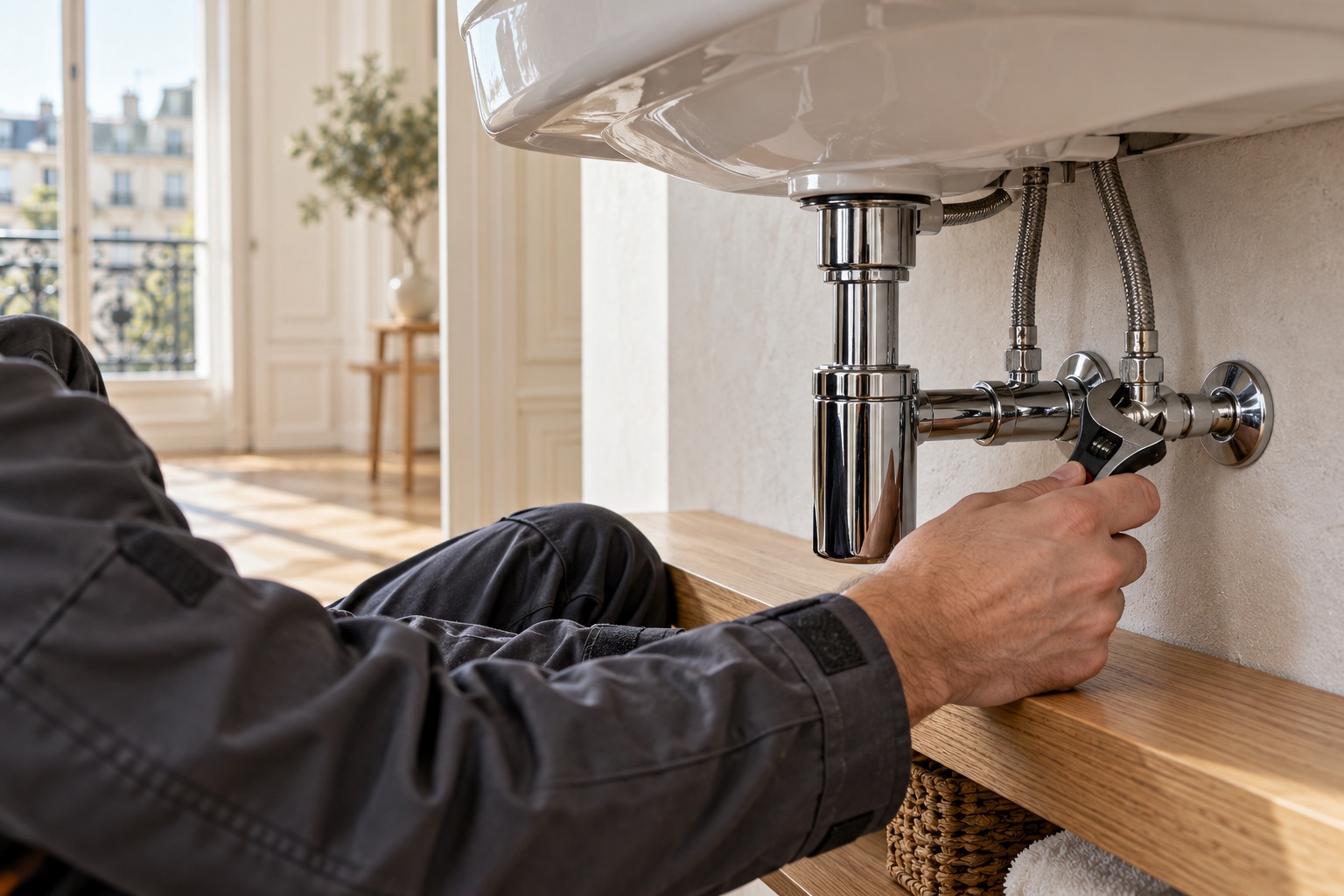 Illustration : intervention sur un raccord de plomberie sous un lavabo